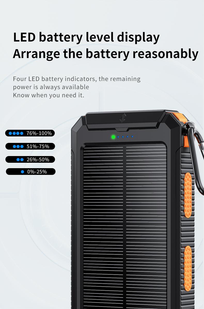 20000mAh Portable Solar Charger Power Bank with LED Flashlight - Dual USB-A Output, Waterproof Outdoor Design with Compass & Carabiner for Phone Android