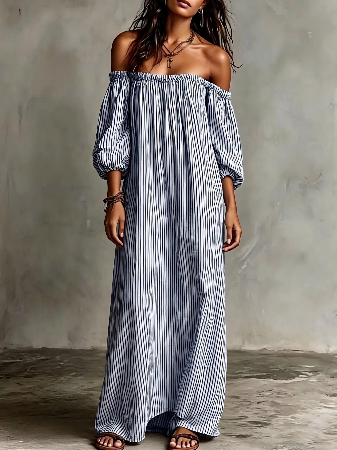 Women's Vintage Striped One-Shoulder Long Dress, Loose Fit Slimming Bubble Sleeve Off-The-Shoulder Dress, Beach Vacation Style Summer