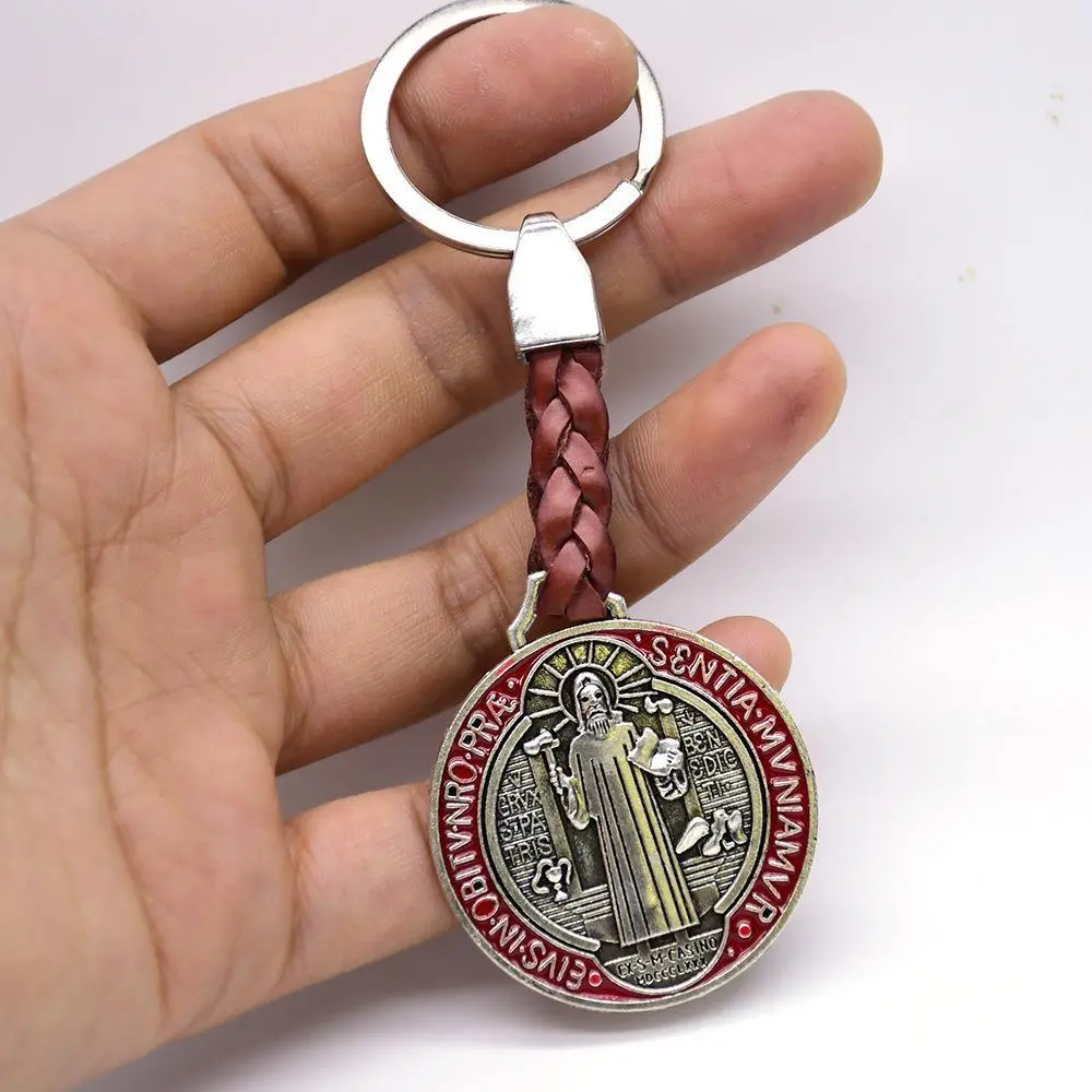 Vintage St. Benedict Medal Keychain - Braided Leather Catholic Protection Amulet, Heavy Duty Saint Coin Keyring for Men's Car Keys Daily Carry, Religious Mens Gifts