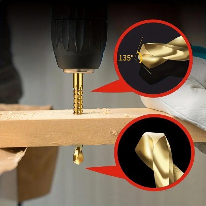 Titanium-Plated High-Speed Steel Drill Bits Set Metalworking & Wood Drilling Sharp Serrated Design Anti-Rust Coating Power Tool Accessories