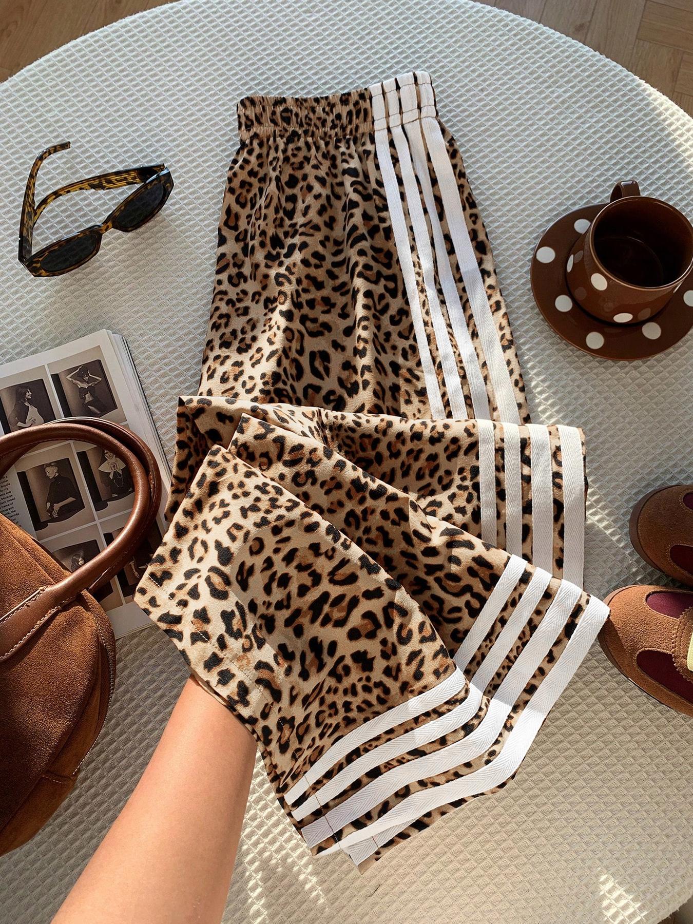 1 Piece Leopard Print Side Stripe Wide Leg Pants, Spring Summer Fall All-Season Wear, Elastic High Waist Loose Fit Trousers for Women, Y2K Streetwear, Casual Comfy Baggy Pants for Daily/Street Style, Casual Palazzo Pants, Casual Fashion Pants