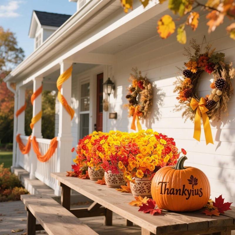 【New Fall Styles, Affordable Prices】6/12/18/24-Piece Outdoor Synthetic Artificial Flower Arrangement - Waterproof, Universal, Realistic Faux Plants with Orange,Yellow,Red,Brown Leaves for Patio,Porch,Front Door