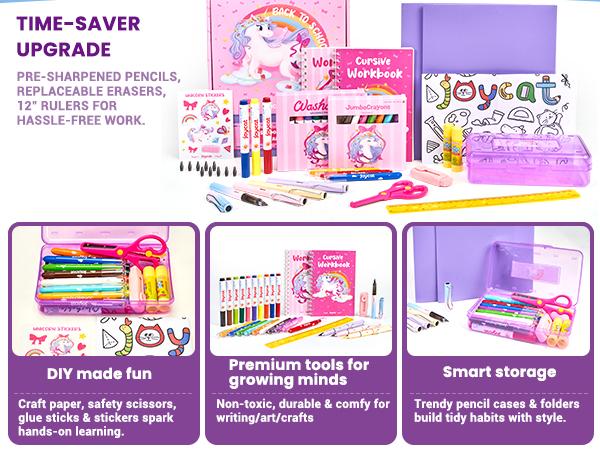 JoyCat Unicorn/Dinosaur School Supply Kit, 46 pcs Back to School Essential, Art Supplies & Refillable Tools, Ideal Kids Stationery Set for Girls Boys