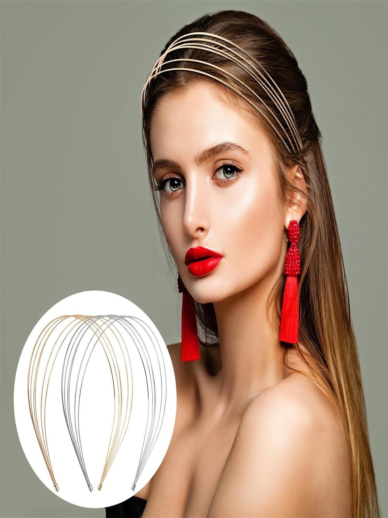 Women's Multi-Layer Metal Headband, Benoapce 4-Piece Set, Fashionable Thin Elastic Hair Accessories, Elegant Bridal Headbands for Weddings