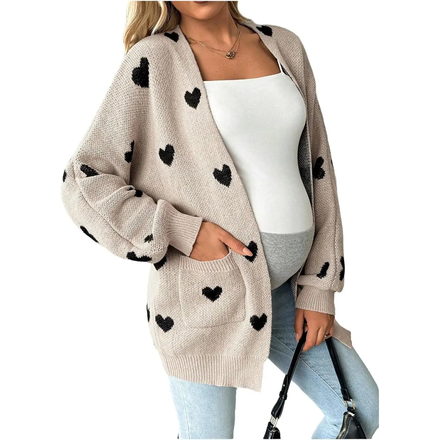 Women's Maternity Sweater Cardigan Heart Print Long Sleeve Open Front Cute Coat