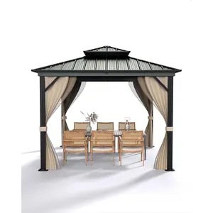Garvee Galvanized Steel Hardtop Gazebo, 10'x10' Outdoor Patio Gazebo with Double Roof, Heavy-Duty Aluminum Frame, Breathable Netting & Privacy Curtains, for Backyard Deck Lawn, Khaki