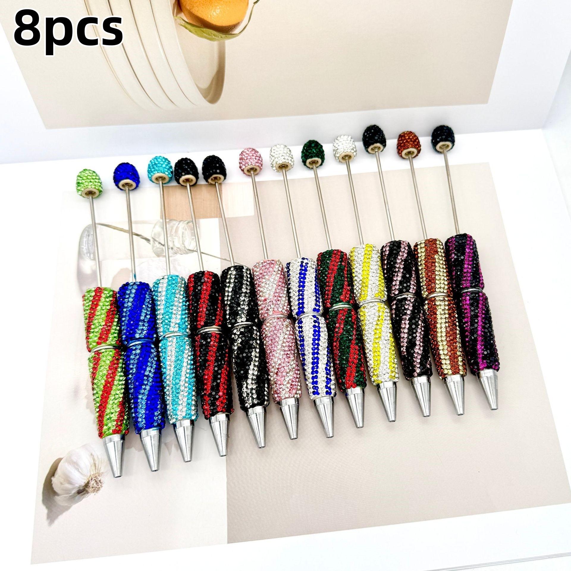 Striped Diamond Beaded Pen Set, Multi-Color Zebra Pattern Artificial Diamond Full Drill Round Ballpoint Pens, High Aesthetic DIY Jewelry Making