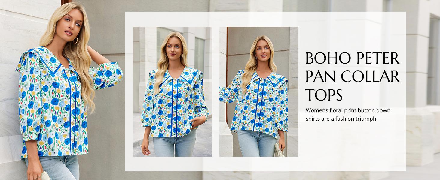 Cicy Bell  Women's Floral Button Down Shirts Trendy Casual 3/4 Lantern Sleeve Blouse Square Neck Collared Tops Lightweight Soft Polyester Elastane