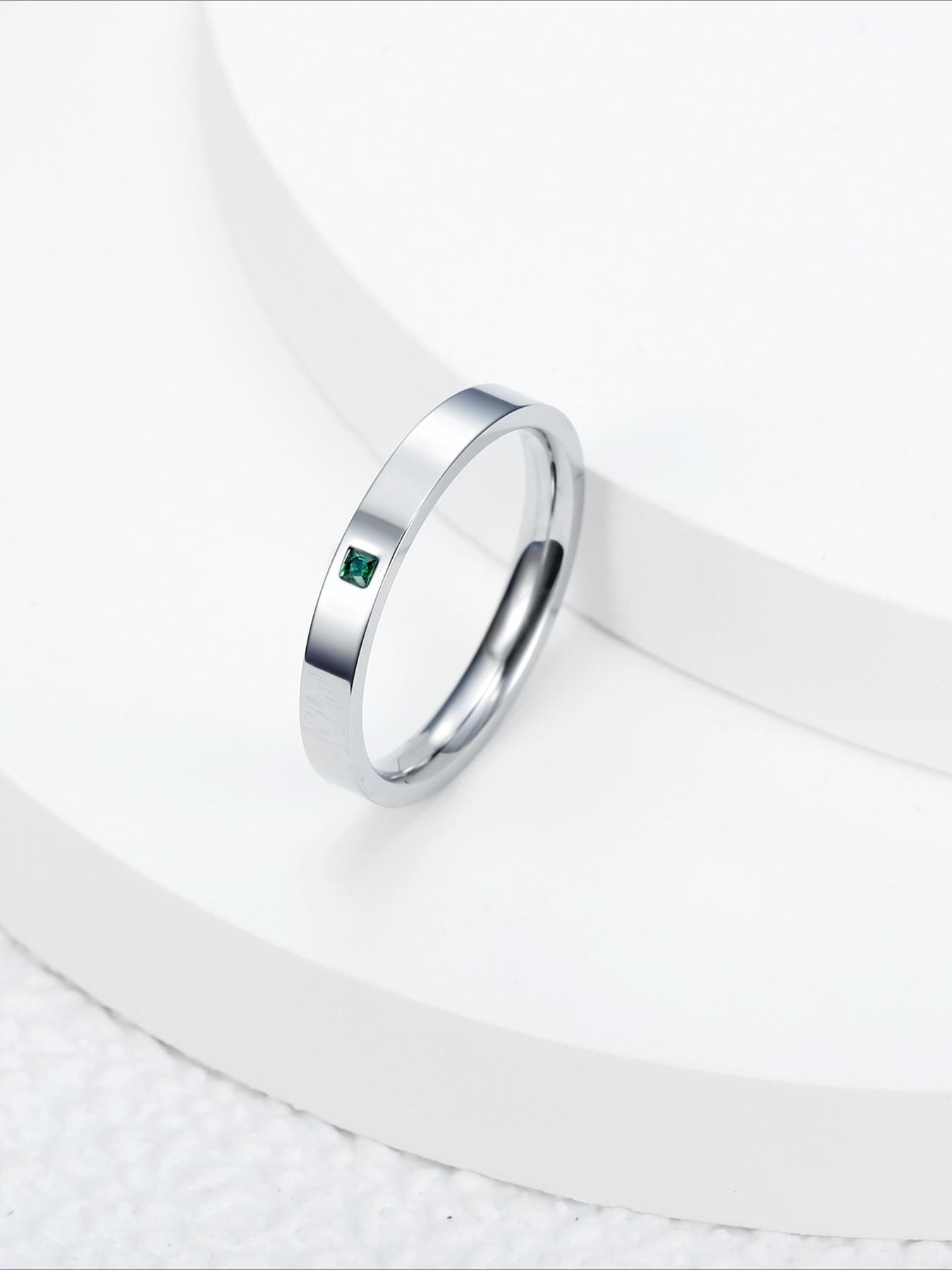 Light Luxury Stainless Steel Green Zircon Couple Ring Minimalist Flat Plain Ring Stainless Steel Non Fading Couple Anniversary Gift