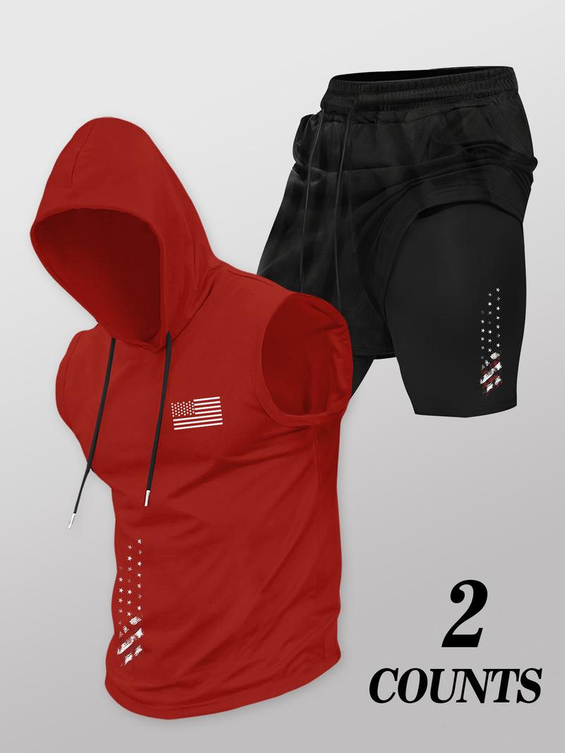 Men's Flag Print Hooded Tank Top & 2 in 1 Shorts Set, Regular Fit Two-piece Set, Casual Summer Clothes for Outdoor