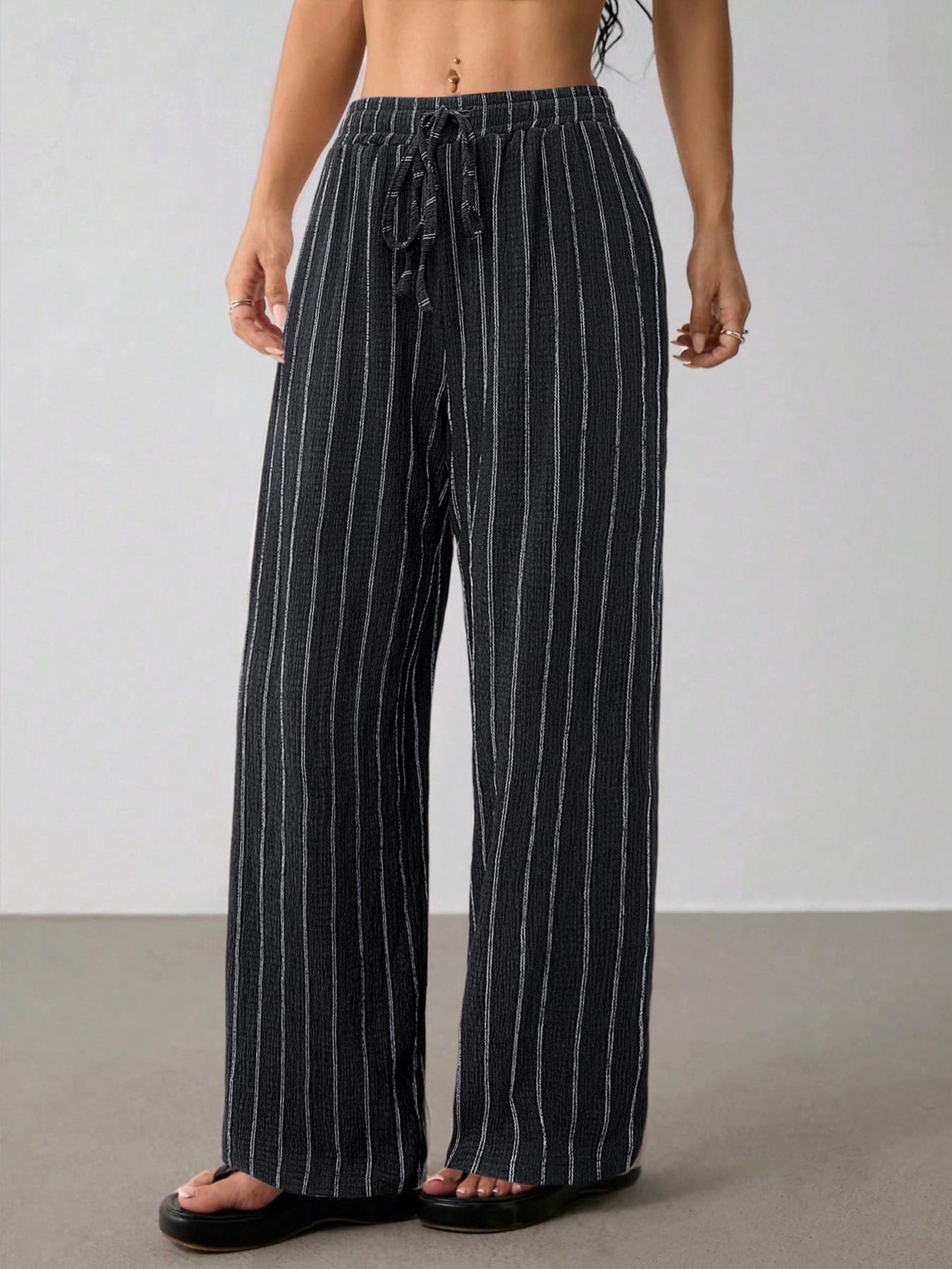 Valentine's Day Women's Striped Waist Tie Straight Leg Loose Casual Belted Pants, Fitted Style, Moderate Fabric Thickness, All Seasons Wear Valentine's Day Women's Striped Waist Tie Straight Leg Loose Casual Belted Pants, Fitted Style, Moderate Fabric Thickness, All Seasons Wear