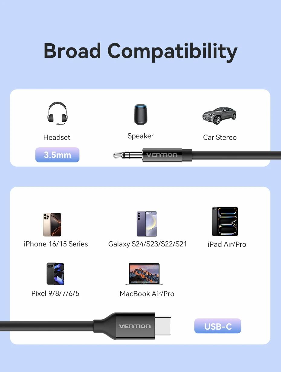 Vention USB-C Male to 3.5mm Male Jack Headphone Adapter Audio Cable with DAC Adapter Aux Audio All Earphone HiFi Splitter Cable 1m 1.5m