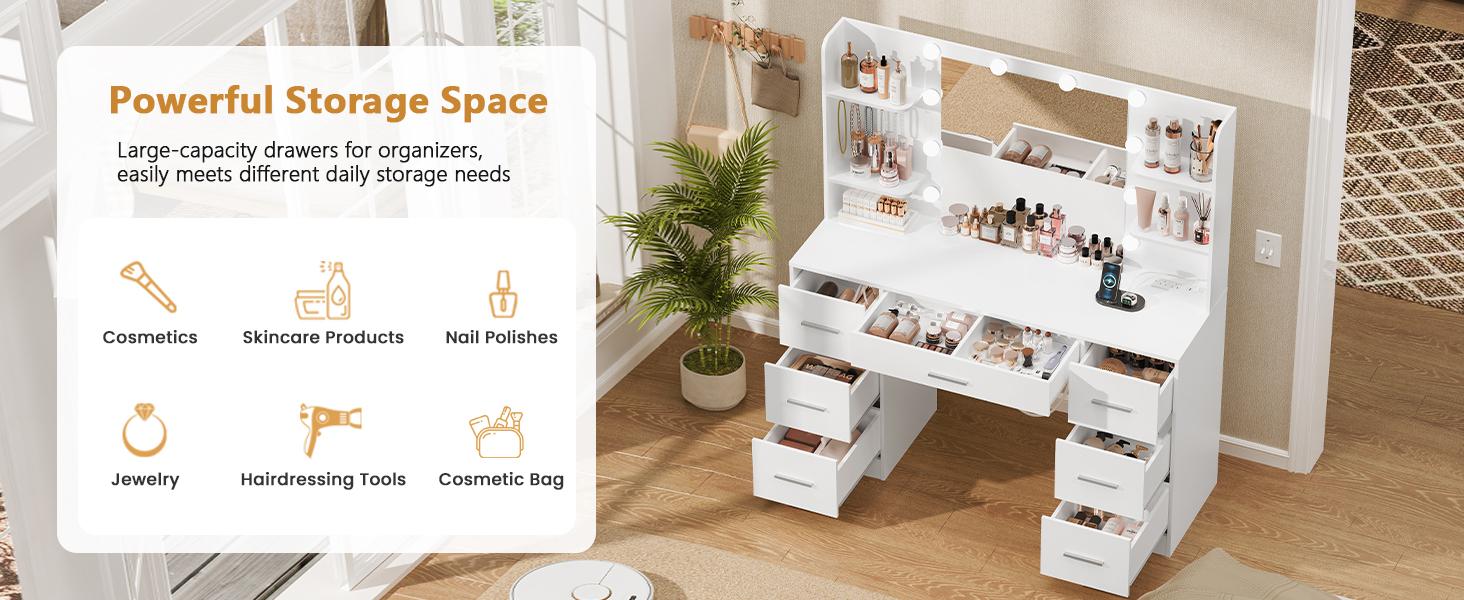 Dream Vanity Table Set with LED Lights 7 Drawers Power Outlet Adjustable Brightness Easy Assembly Durable Design Super Bright Lighting Solution Perfect for Bedroom Makeup Routine