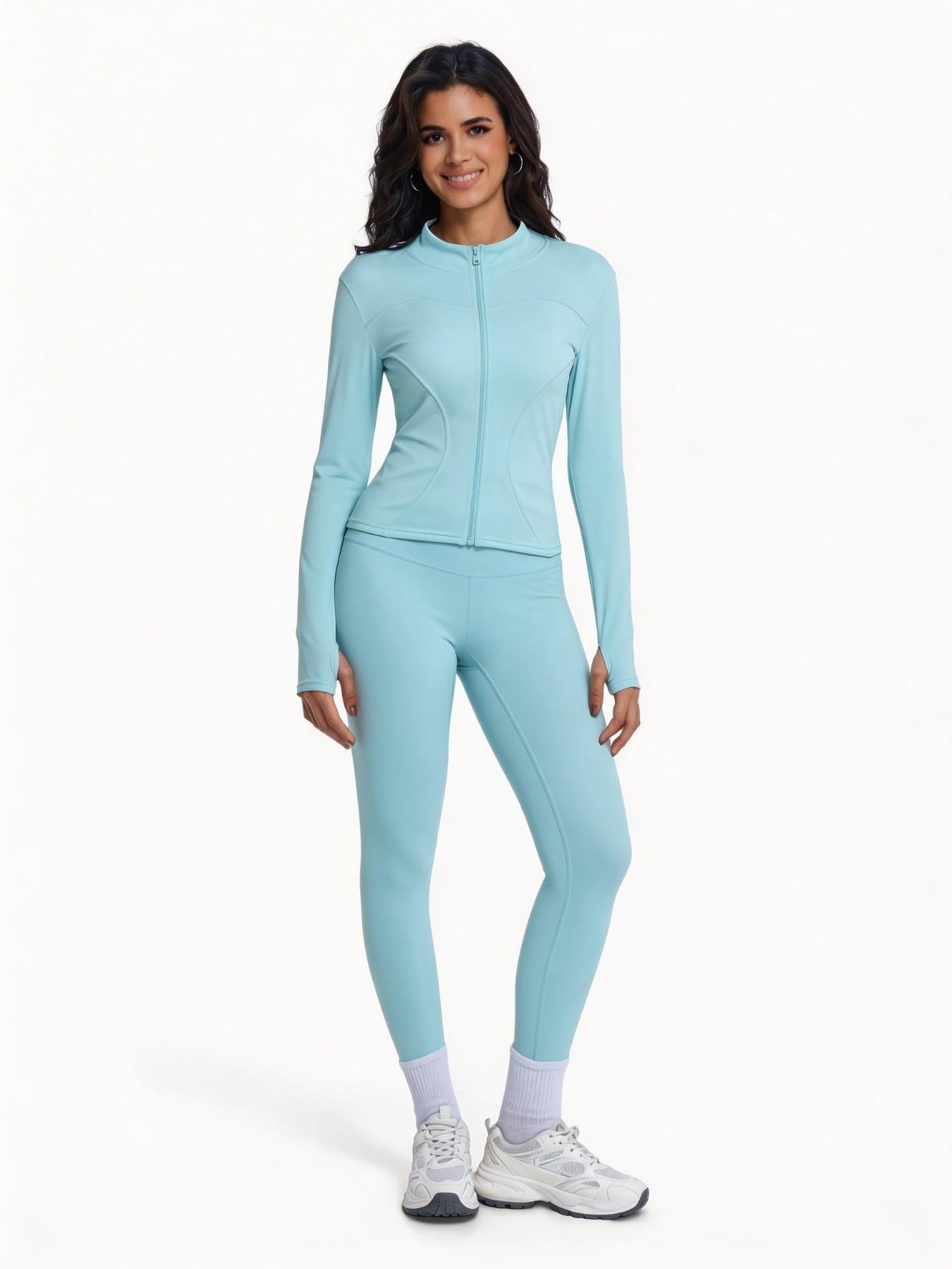 Women's Two-Piece Sport Set, Long Sleeve Zipper Yoga Jacket & High-Waist Tight Pants, Slim Fit, Fall Winter, Gym Running Fitness