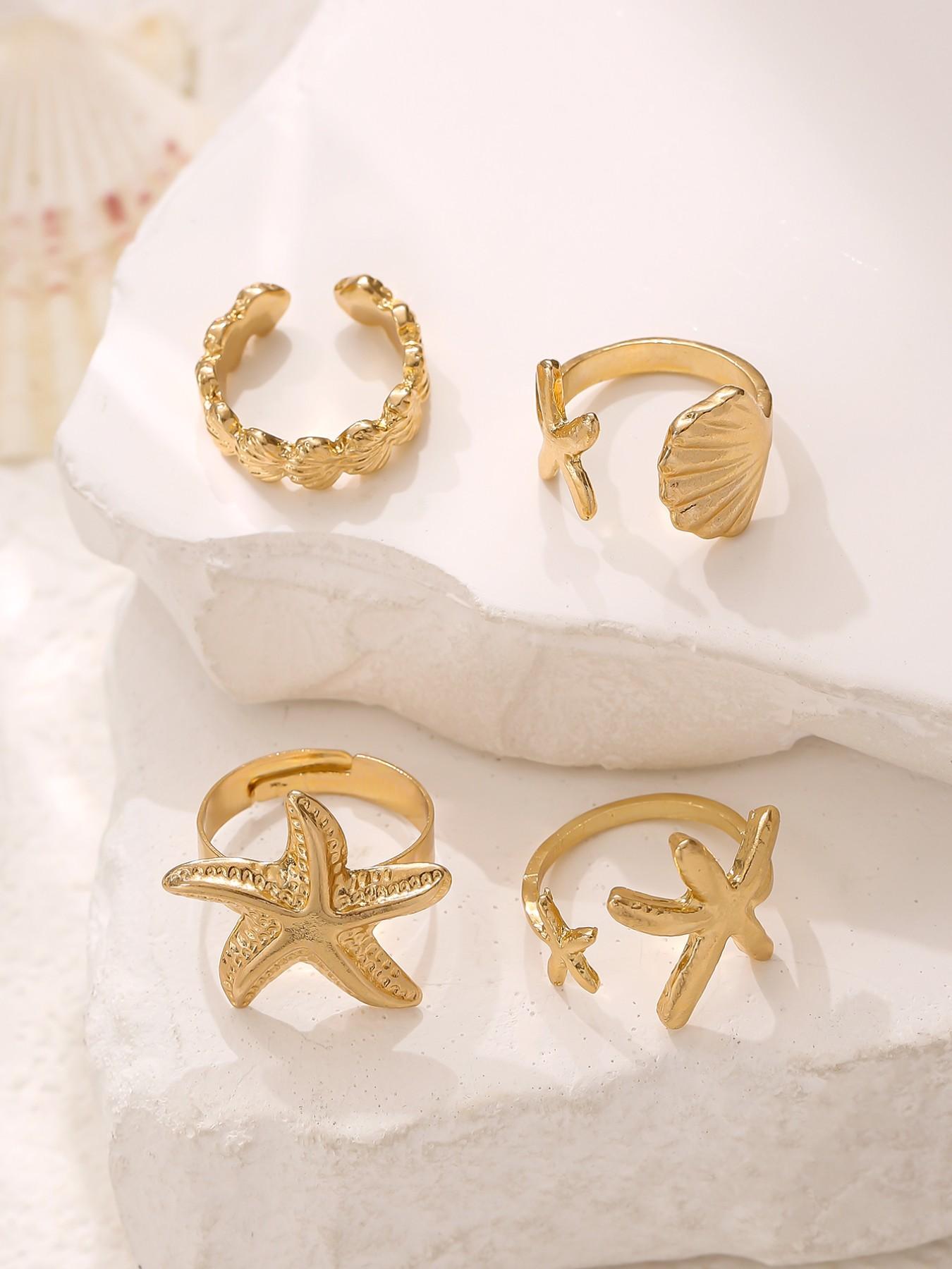 4 Piece Starfish Shell Rings Set, Elegant Sea Inspired Jewelry for Women, Perfect Gift for Beach Lovers