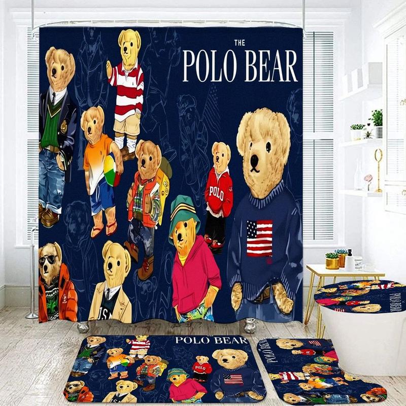 1/4pcs The Polo Bear Bathroom Set - Dark Blue Shower Curtain with Bear Illustrations (Striped Shirts, Casual Attire), Matching Toilet Seat Cover & Bath Mat, Home Decor for Playful Themed Bathrooms, Shower Curtain Sets