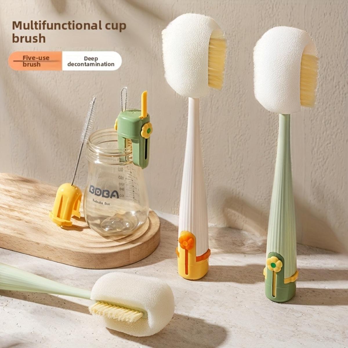 Long-handled Cup Brush Set - Multi-functional Cleaning Tool, Safe Sponge and Stiff Bristle Heads for Bottles/Lids, Detachable Deep Cleaning Dish Scrubber