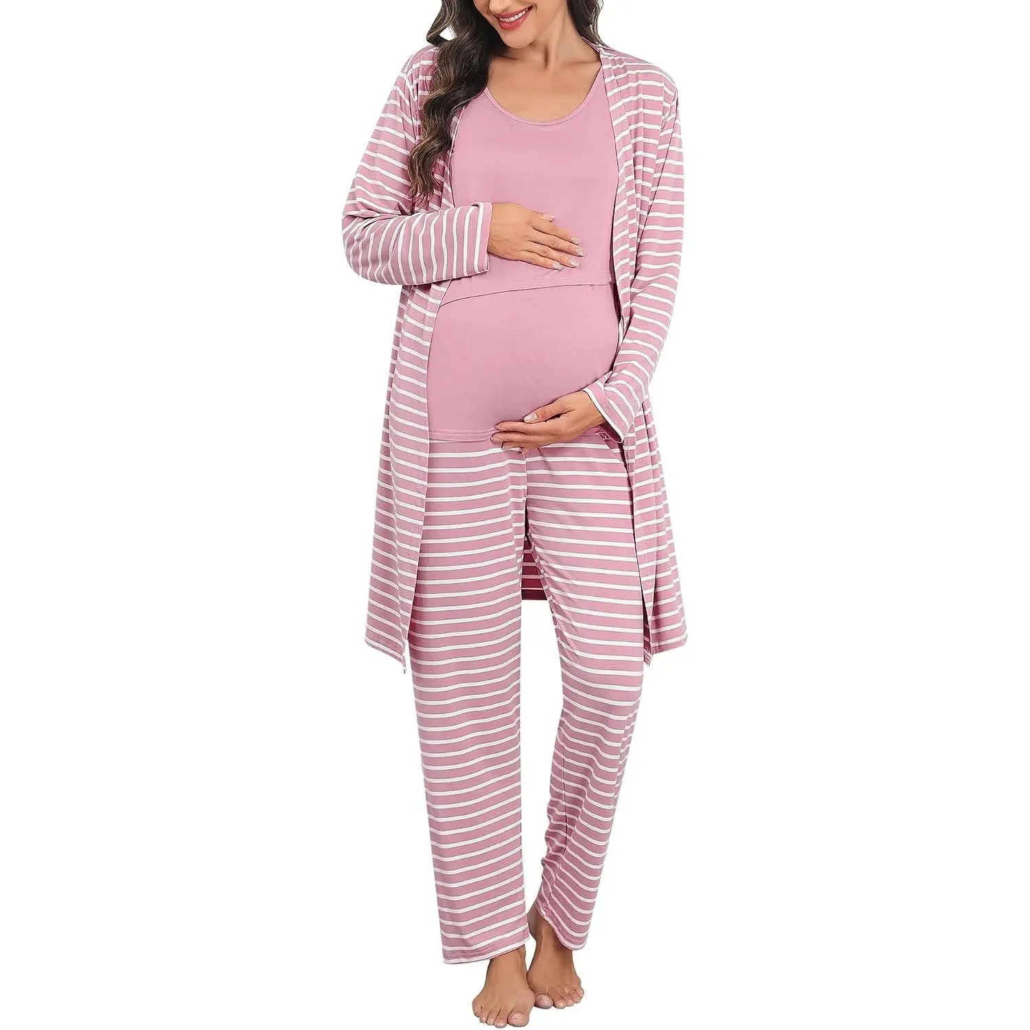 Maternity Nursing Robe Set 3 PCS Postpartum Breastfeeding Pajamas Lounge Hospital Pregnancy Pjs with Robe