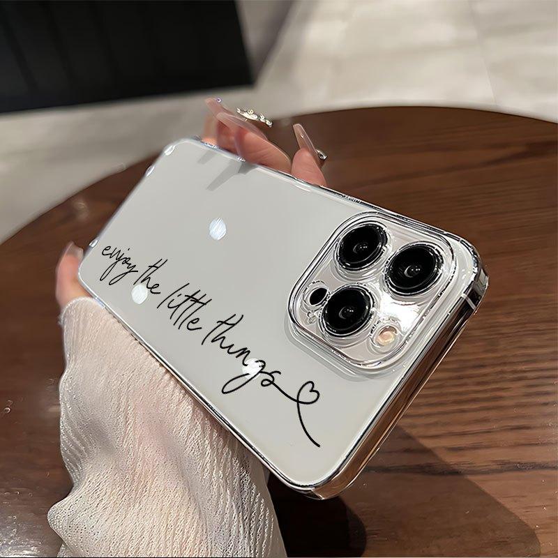 Script Quote Minimal Clear Phone Case, Positive Mood Electroplated Style for iPhone 17 16 15 14 13 12 11 X Plus Pro Max, Shockproof Gift