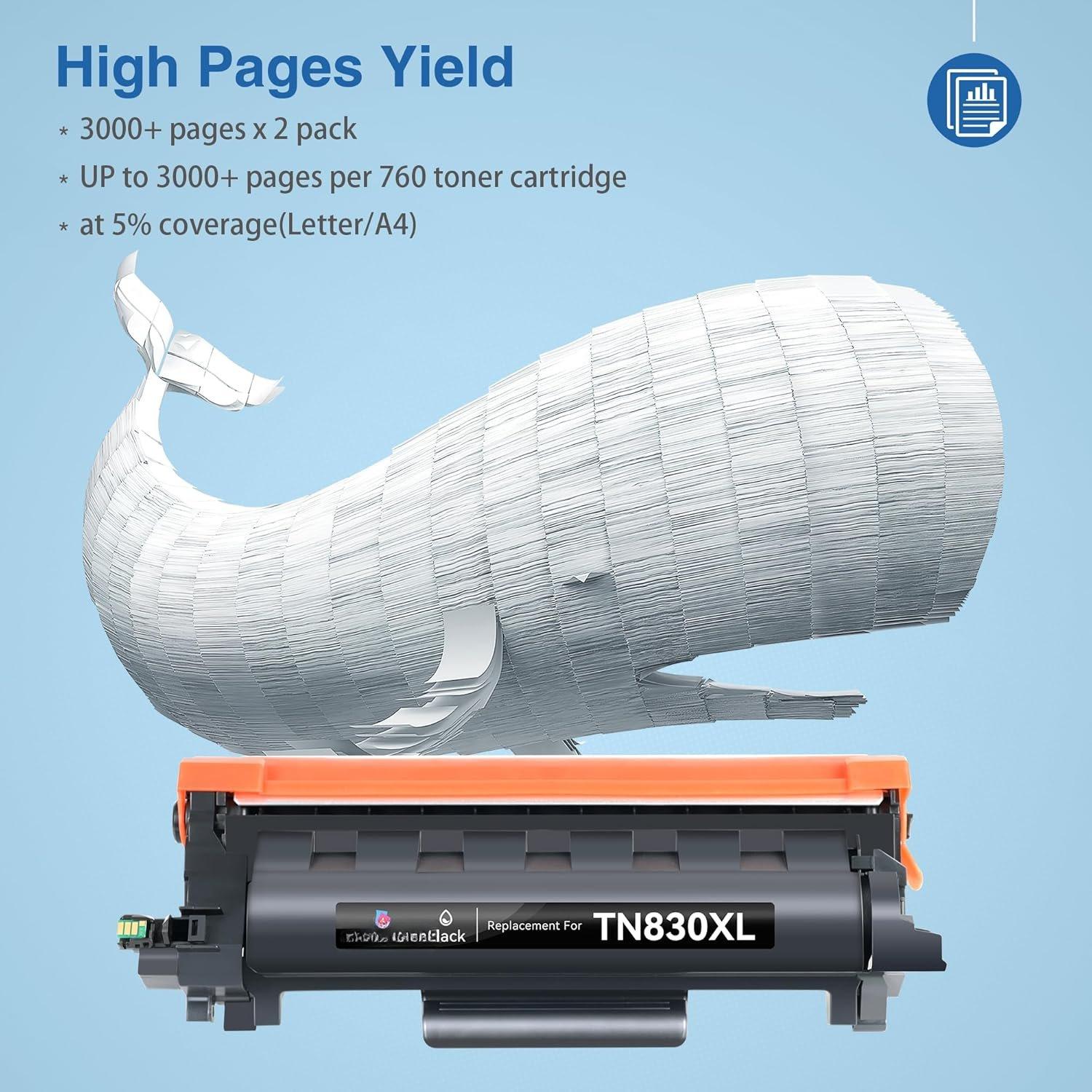 Compatible TN830XL Toner  for  TN830XL TN830 XL Toner use with HL-L2460DW HL-L2405W HL-L2480DW HL-L2400D MFC-L2820DW MFC-L2820DW XL DCP-L2640DW Printer (2 Pack Black)