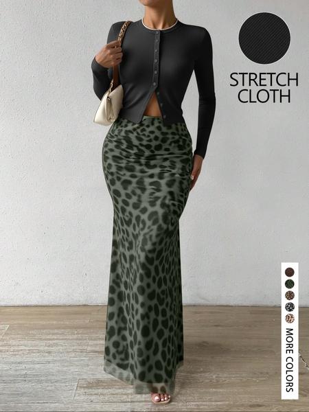 Women's Stylish Solid Color Knitted Cardigan and Leopard Print Skirt Set, Trendy Outfit for Fashionable Ladies, Perfect for Casual Wear, Chic Clothes