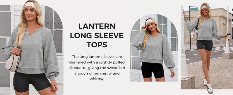 Fisoew Womens Casual Sweatshirt Oversized Lantern Long Sleeve V Neck Lace Loose Fit Fall Pullover Tops