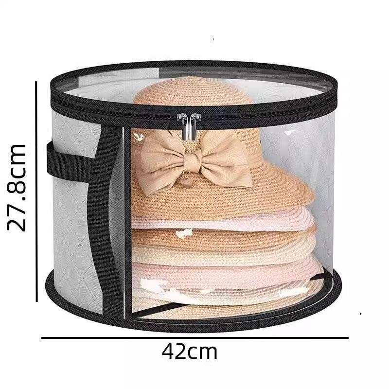 Stackable Round Hat Storage Bucket Organiser with Transparent Window, Flip-Top Access, Multi-Purpose Fabric Bag, Ideal for Beach and Travel