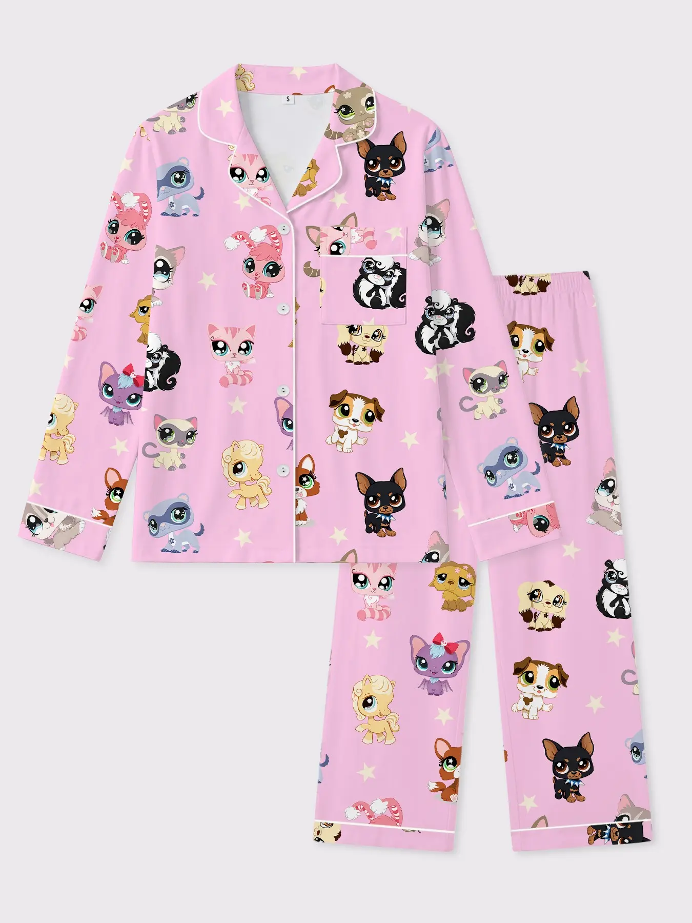 Women's Long Sleeve Pajama Set, Pyjamas, Collared Top, Elastic Waist Pants, Littlest Pet Shop Pattern, Comfortable Nightwear, All Seasons