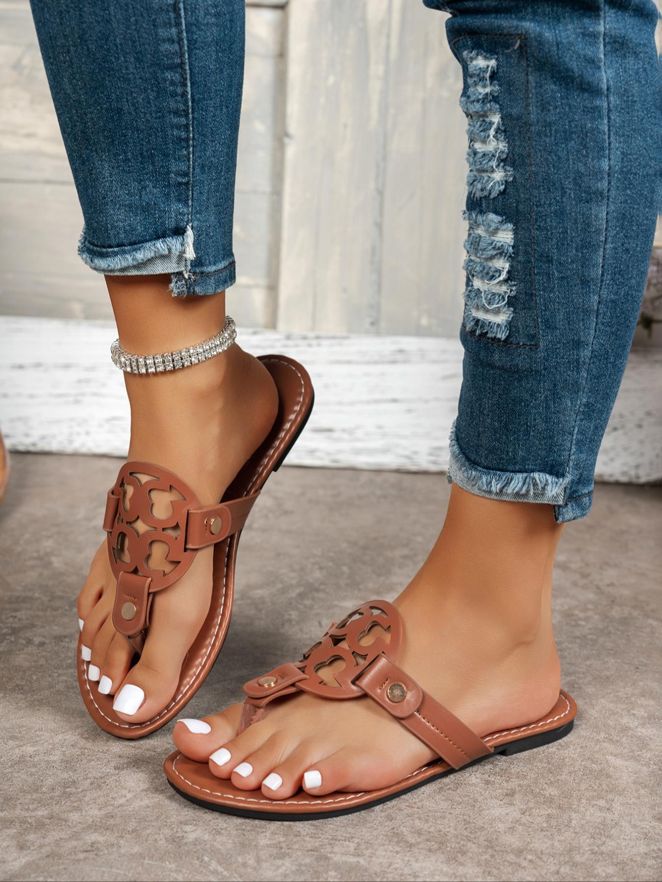 Women's Vintage Hollow Out Flip Flops, Summer Flat Sandals, PU Upper, Rubber Sole, Casual Outdoor Slippers