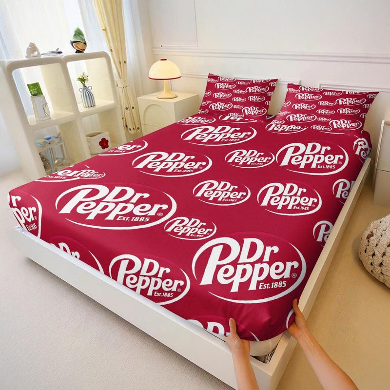 Dr Pepper Brand Full Print Fitted Sheet Set, 1 Fitted Sheet and 2 Pillowcases, Wine Red Color Base, Soft Skin-Friendly, Dustproof Anti-Wrinkle, Decorative Bedsheet Sets, Trendy Bedroom Decor for Boys and Girls Dr Pepper Brand Full Print Fitted Sheet Set, 1 Fitted Sheet and 2 Pillowcases, Wine Red Color Base, Soft Skin-Friendly, Dustproof Anti-Wrinkle, Decorative Bedsheet Sets, Trendy Bedroom Decor for Boys and Girls
