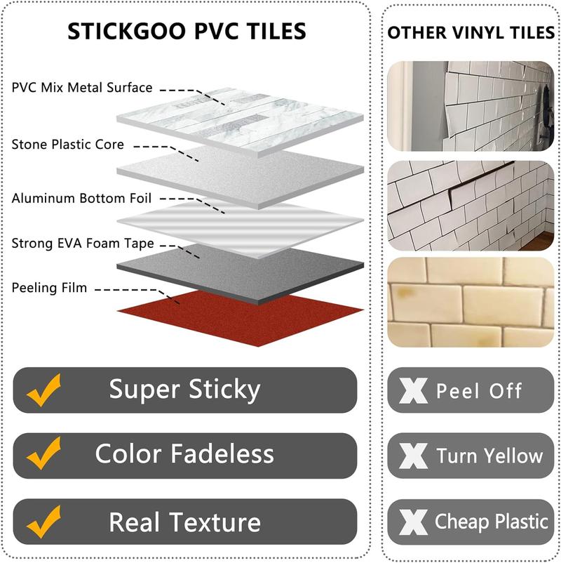 STICKGOO 20 Sheets Peel and Stick Backsplash Tile, Tile Stickers, Stick on Backsplash for Kitchen and Bathroom, Volakas White Look PVC Mixed Metal Silver Self Adhesive Wall Tiles