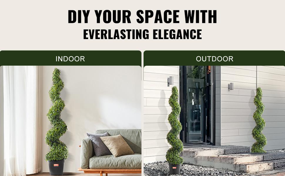 VEVOR Artificial Boxwood Topiary Tree, 60 inch Tall (2 Pieces), Spiral Faux Topiary Trees, Faux Plant w/ Extra Leaves Pot Small Decoration, UV Rated Greenery Set for Home Decor Indoor/Outdoor