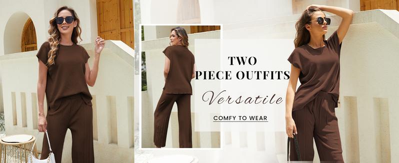 Ommig Lounge Sets for Women Two Piece Outfits Knit Cap Sleeve Tops Wide Leg Pleated Pants Casual Dressy Sweater Sets
