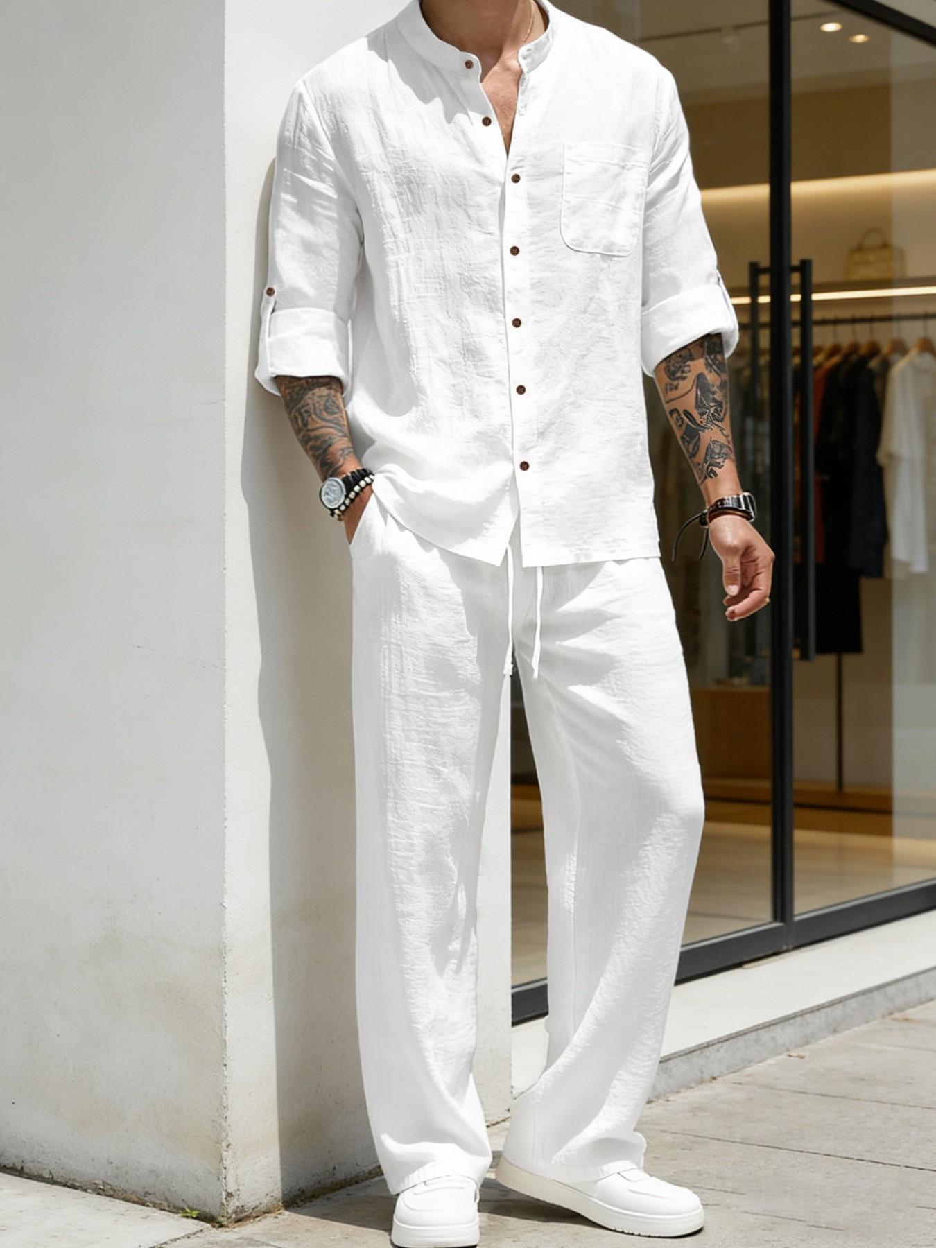 Men's Linen Stand Collar Long Sleeve Button Shirt & Straight Leg Belted Pants Set, Casual Business Leisure Style, Fashionable Men's Clothing