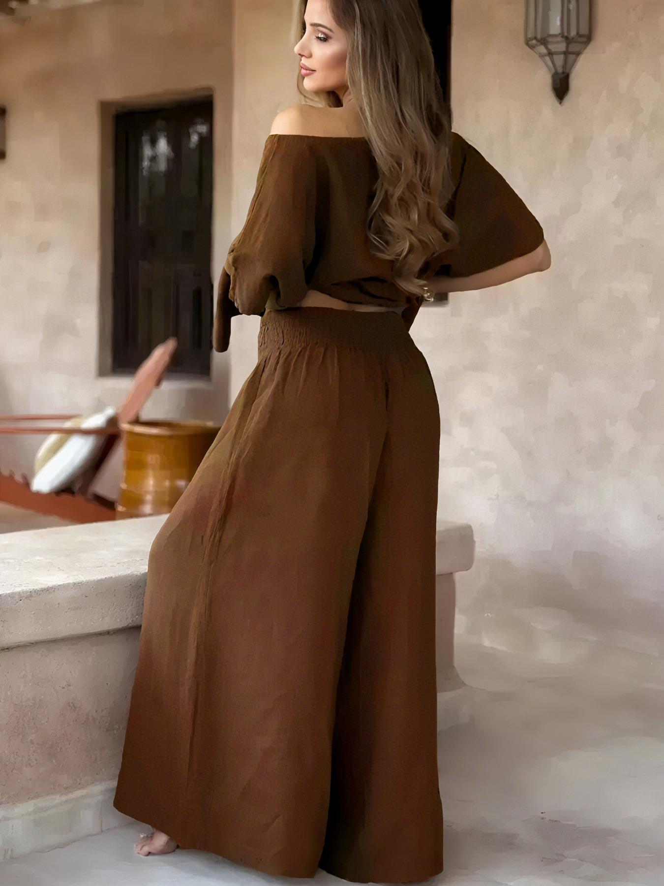 Women's High-Waisted Wide-Leg Pants, Casual Beach Pants, Loose-Fit Elastic Waist Long Trousers, Fashionable All-Season Woven Fabric Casual Wear