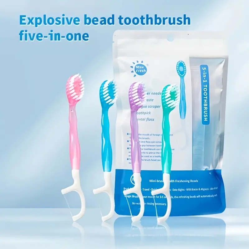 12 Pack 5 In 1 Burst Bead Disposable Toothbrush Mixed Flavor No Rinse Portable Mini Toothbrush Fresh Breath For Travel Camping Dating Party Hotel Oral Cleaning