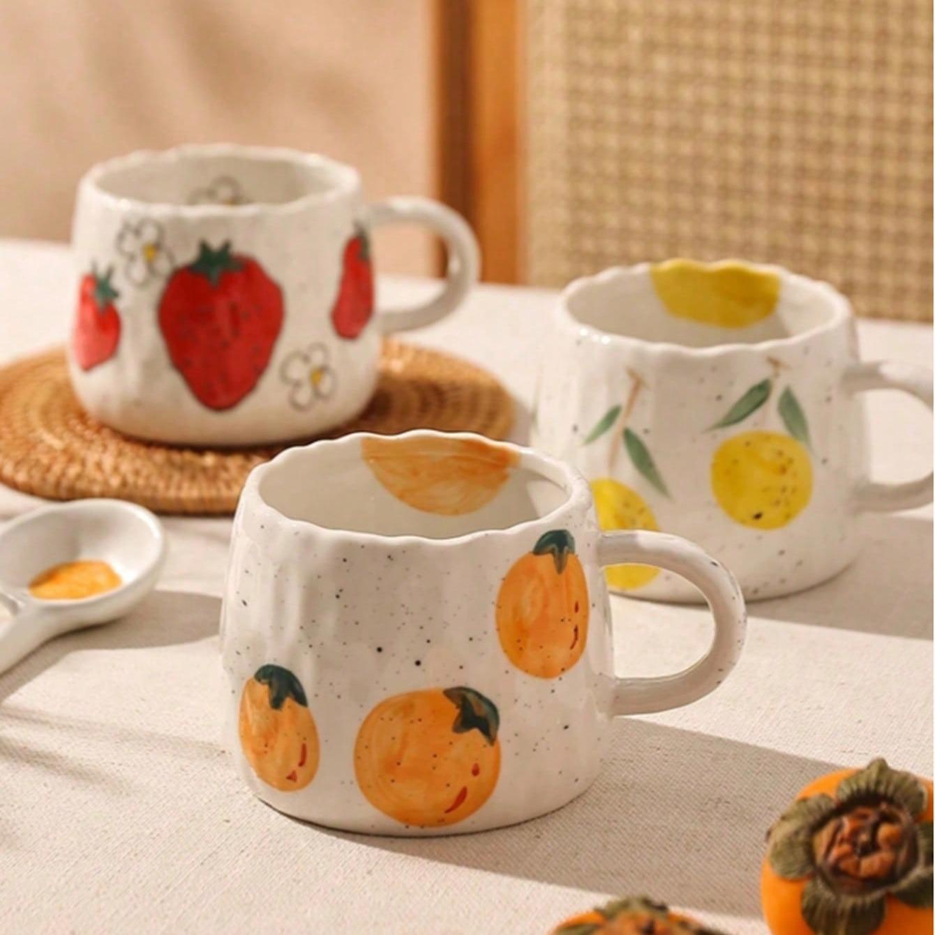 Hand-Drawn Fruit Pattern Ceramic Coffee Mug, Perfect Gift for Home Office Activities Christmas Birthdays, Unique Artistic Design, Ceramic Mugs