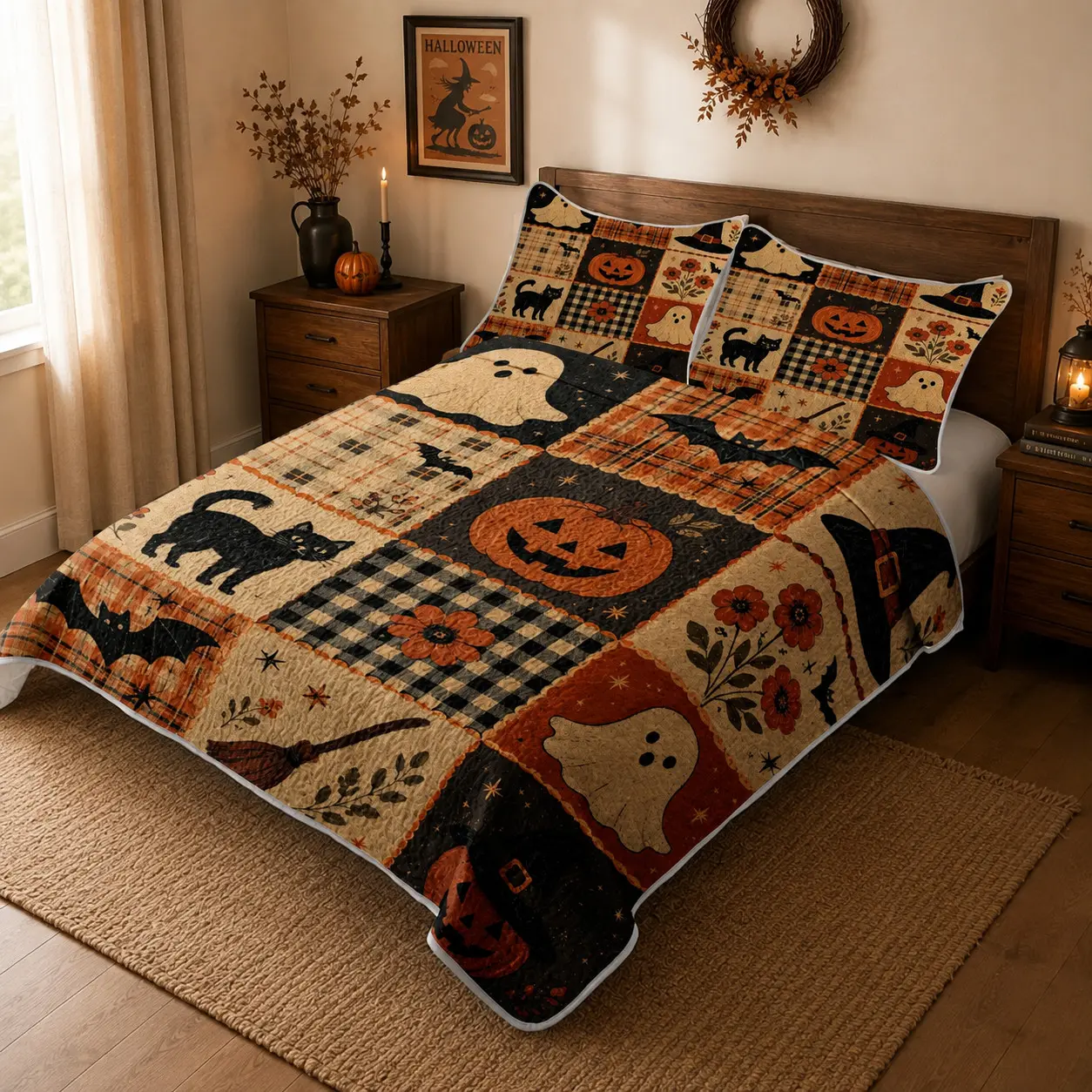 [Back to School] 3-Piece Halloween Ghost Black Cat & Pumpkin Quilt Set, Decorative Bedding Set, Vintage Farmhouse Patchwork Bedspread with 2 Pillow Shams, Soft Lightweight Fade-Resistant All-Season Bedding for Queen/King Beds, Halloween Decor