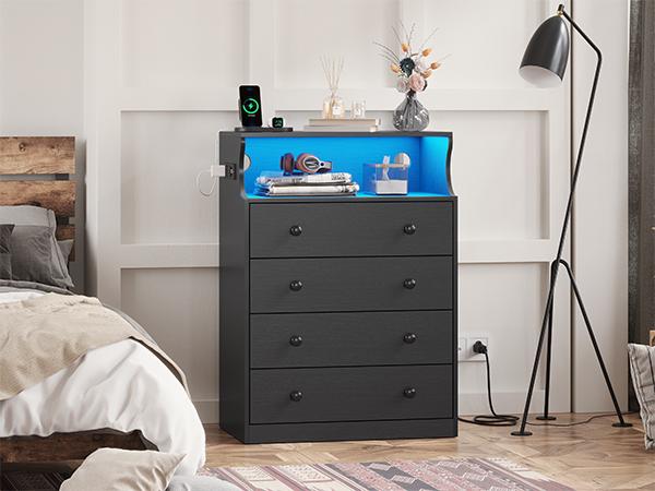 Hasuit Black Dresser with Charging Station, 4 Drawers LED Dresser for Bedroom, Chest of Drawers with Open Space, Large Capacity Tall Storage Cabinet, Black Dressers for Bedroom