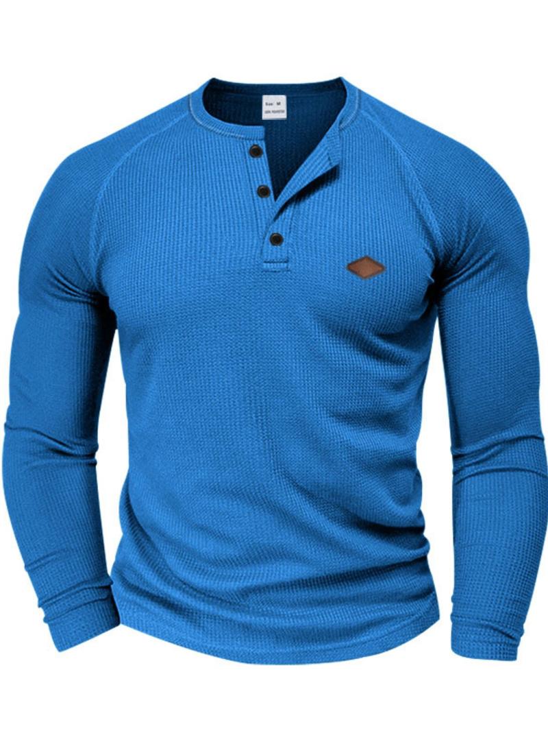 Men's Regular Fit Embroidery Half Placket Button Thumb Hole Design Henley Neck T-shirt, Casual Long Sleeve Tee for Spring & Fall, Fashion Men's Top for Daily Wear