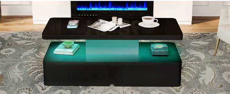 AHB Contemporary Coffee Table with Rounded Corners LED Lighting High Gloss 2 Tiers in 16 Colors Modern Living Room Furniture
