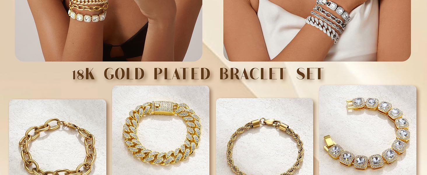 Sanfenly Chunky Gold Silver Bracelets for Women Set 18K Gold Plated Simulated Diamond Tennis Bracelet Rhinestone Cuban Link Chain Bracelet Thick Stainless Steel Punk Bracelet Stack 7&8 Inch