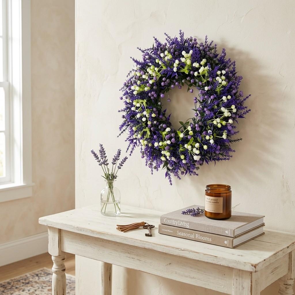 Lavender Starburst Artificial Flower Wreath Floral Hanging Decor, Decorative Flowers, Front Door Decoration, Home Wedding Outdoor Event Decor, Battery-Free, Elegant Design