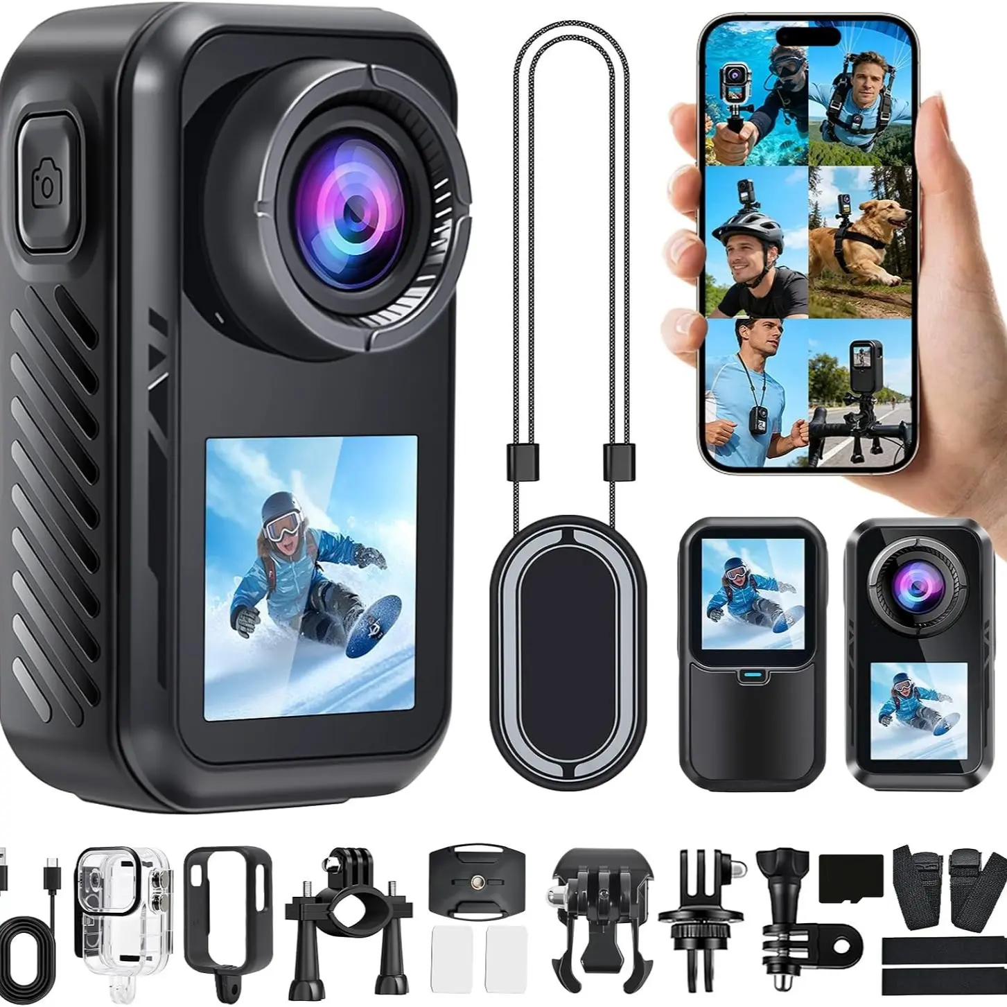 5K Mini Thumb Sports Action Camera 4K60FPS EIS Anti-Shake Stabilization Dual Touch Screens 5X Digital Zoom Magnetic Waterproof Bodycam Outdoor Pocket Vlog Camera Bicycle Motorcycle Helmet Video Recorder Vlogging Camera