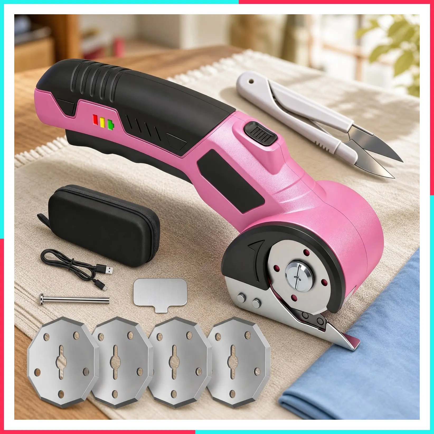 2026 New Cordless Electric Scissors & Box Cutter, 3000mAh with 4 Blades, Sewing Scissor, Safety Lock, LED Light, 300RPM for Fabric Carpet Carton Plastic Leather Cloth