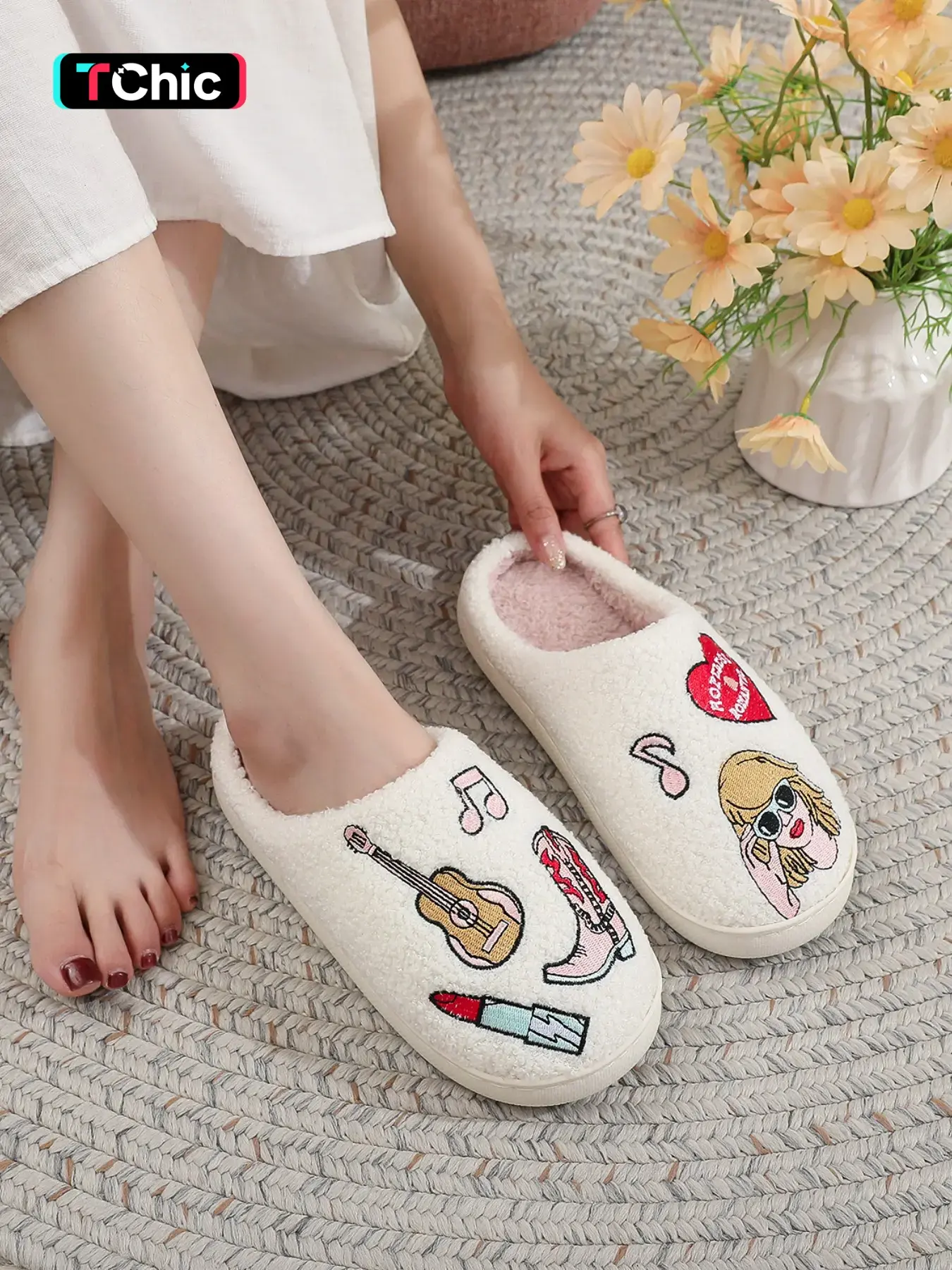 Themed Embroidered Fuzzy Closed Toe Slippers for Women, Cozy House Slippers, Country Music Guitar Cowboy Boot Heart Pattern Plush House Slides, Soft Fluffy Lined Warm Winter Indoor Slippers, Non Slip Quiet Sole Fan Merch Gift for Girl, Home Slippers