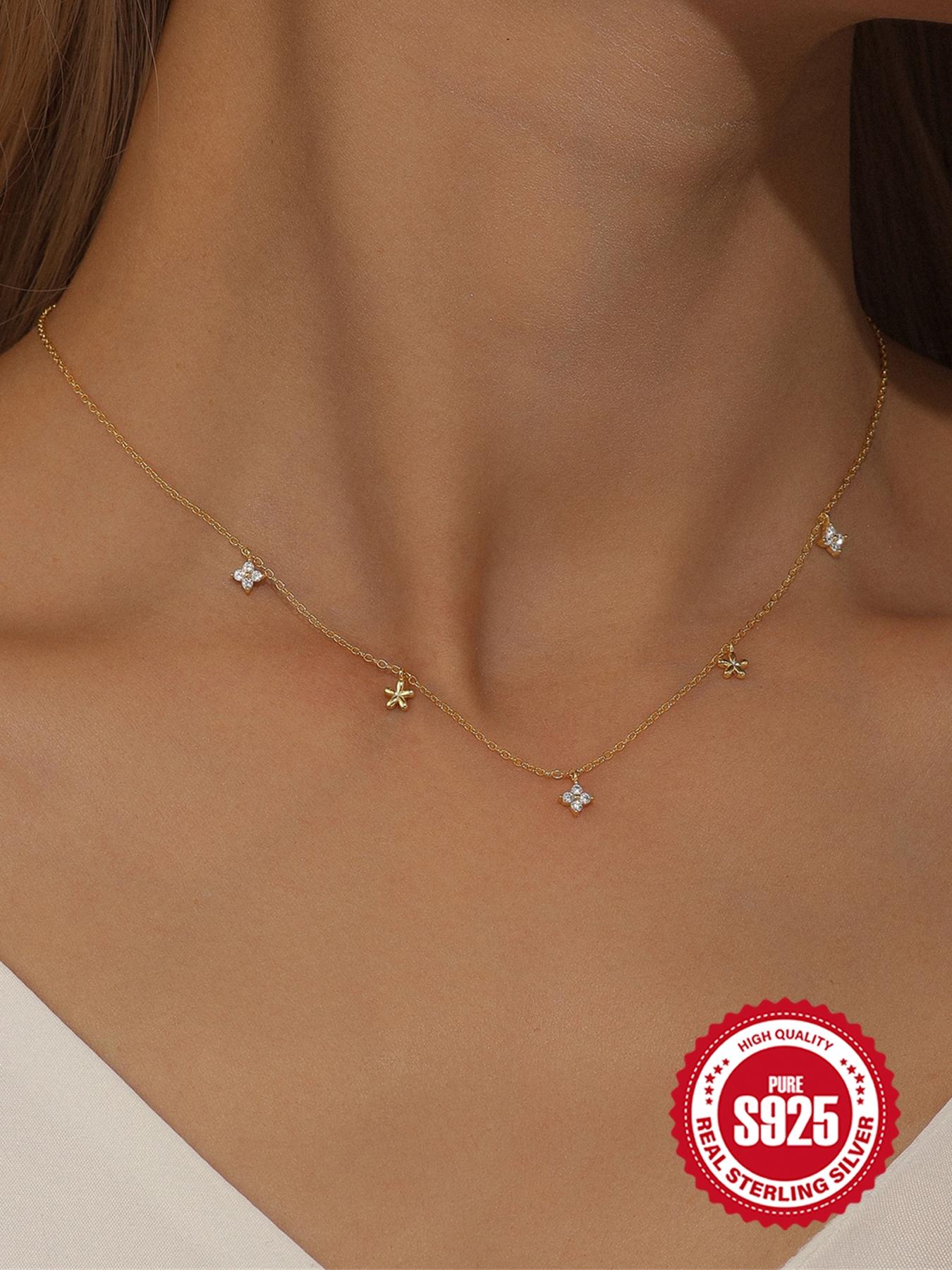 S925 Sterling Silver Fashion Flower Design Artificial Zircon Decor Necklace, Elegant Jewelry for Women for Party, Daily Decor, Trendy All-match & Exquisite Jewelry for Birthday Gift, Cubic Zirconia Pendant