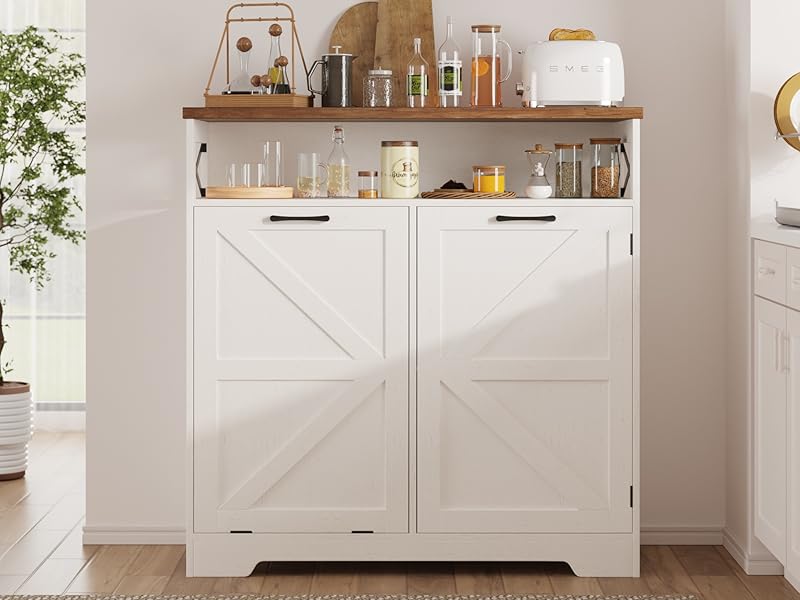 Vabches Tilt Out Trash Can Cabinet for 10 Gallon Trash Can, Farmhouse Kitchen Island Bin Cabinet with Adjustable Shelf for Hidden Laundry Basket, Dual Dog Proof Garbage Can for Dining Room, Living Room Vabches Tilt Out Trash Can Cabinet for 10 Gallon Trash Can, Farmhouse Kitchen Island Bin Cabinet with Adjustable Shelf for Hidden Laundry Basket, Dual Dog Proof Garbage Can for Dining Room, Living Room