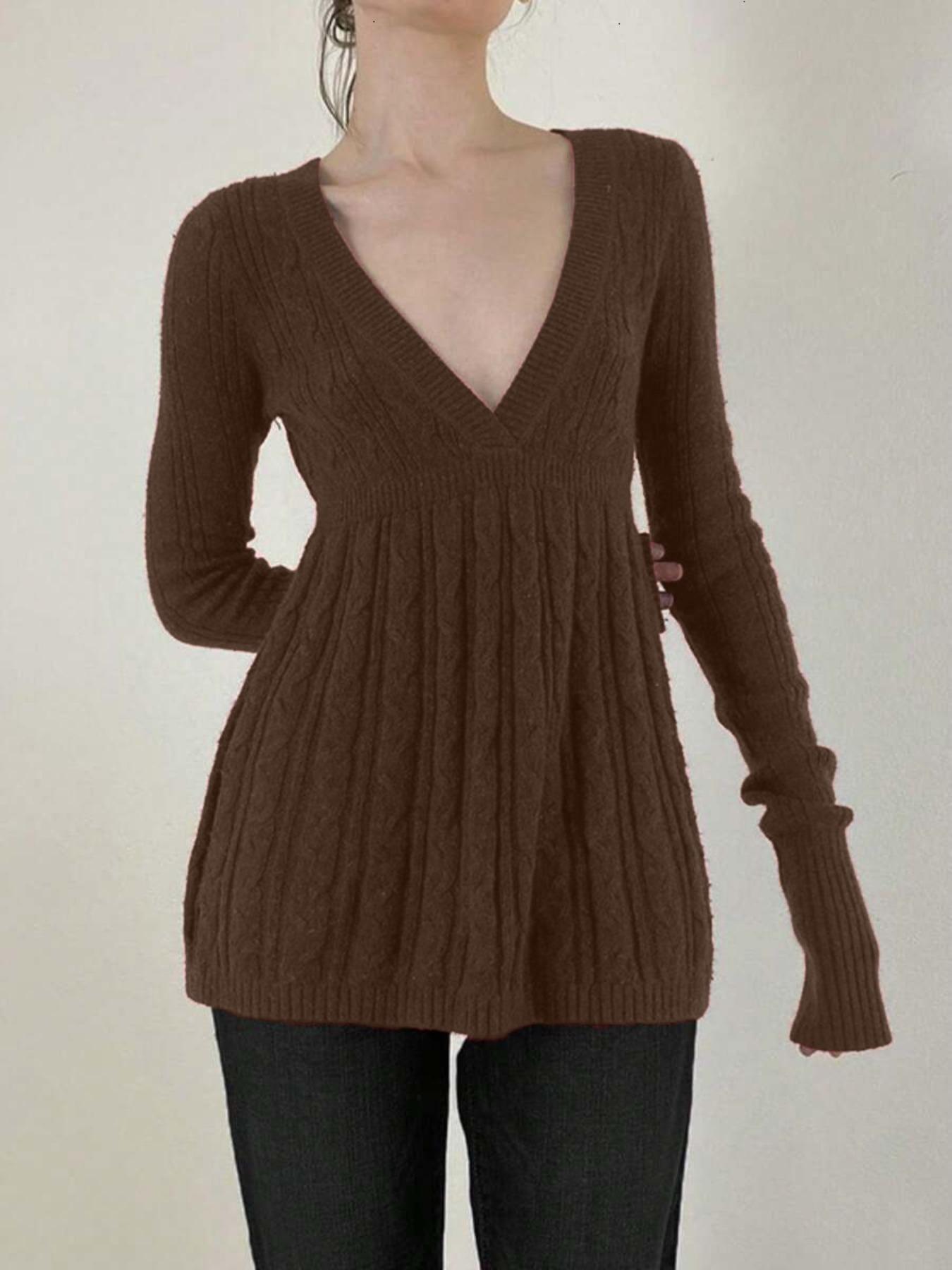 Women's Y2K Vintage Sweater, Soft Long Sleeve V-neck High Waist Knitwear for Women