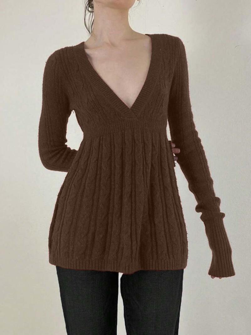 Women's Y2K Vintage Sweater, Soft Long Sleeve V-neck High Waist Knitwear for Women